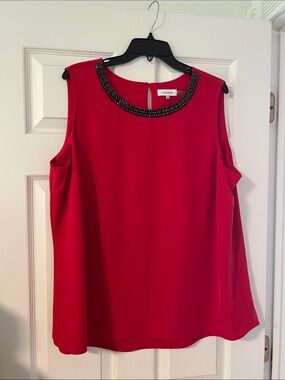 Calvin Klein Red Beaded-Neck Sleeveless Shell Top